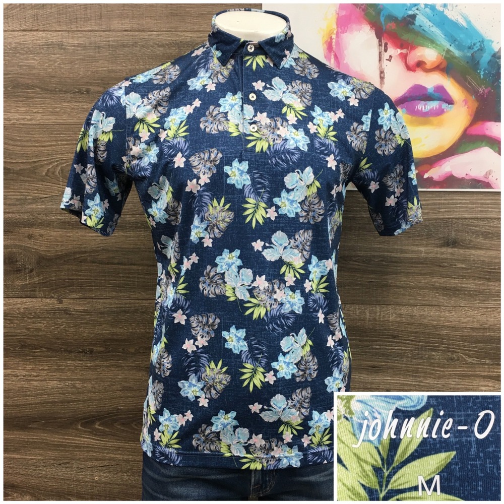 Johnnie-O Mens Pensacola Golf Polo Shirt Lake Blue Tropical Floral Size M